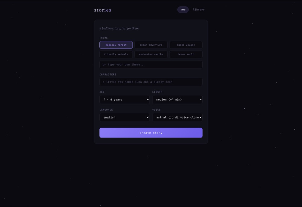 an ai bedtime-story studio the studio runs, narrated in a cloned voice